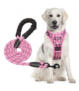 PoyPet Dog Harness and Leash Combo, Escape Proof No Pull Vest Harness(Checkered Pink)