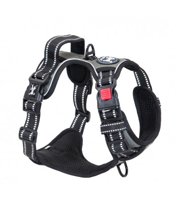 PoyPet No Pull Dog Harness Lockable- 3M Reflective - 2 Metal Front & Back Leash Hooks  ( Grey )