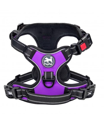 PoyPet No Pull Dog Harness Lockable- 3M Reflective - 2 Metal Front & Back Leash Hooks ( Purple )