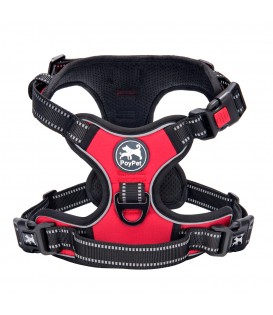 PoyPet  No Pull Dog Harness Lockable- 3M Reflective - 2 Metal Front & Back Leash Hooks  ( Red )