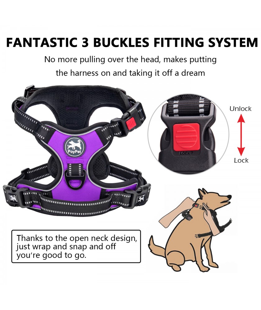 PoyPet No Pull Dog Harness Reflective Vest Harness with 2 Leash Attachments and Easy Control Handle for Small Medium Large Dog 