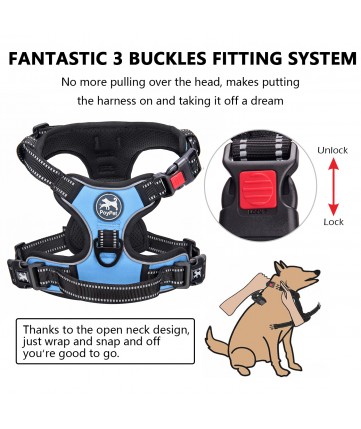 PoyPet No Pull Dog Harness Lockable- 3M Reflective - 2 Metal Front & Back Leash Hooks  ( Light Blue )