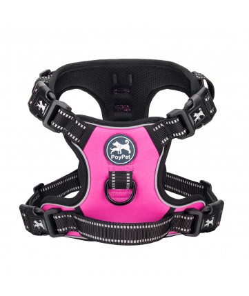 PoyPet 2019 No Pull Dog Harness - 3M Reflective - 2 Metal Hooks - 4 Snap Buckles( Pink )