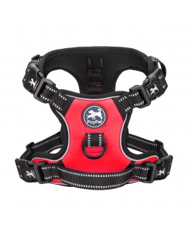 PoyPet 2019 No Pull Dog Harness - 3M Reflective - 2 Metal Hooks - 4 Snap Buckles( Red )