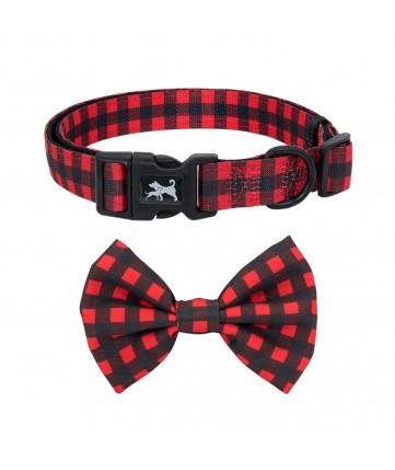 PoyPet  Dog Collar + Bowknot(Checkered Red )