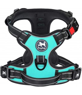 PoyPet  No Pull Dog Harness Lockable - 3M Reflective - 2 Metal Front & Back Leash Hooks  ( Mint Blue )